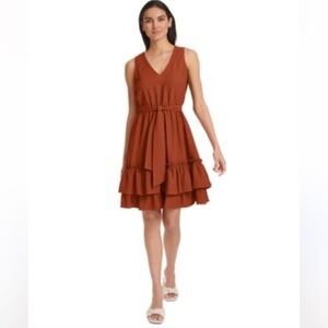 Calvin Klein NWT Ruffle Bow Sleeveless Rayon Burnt Orange Dress Size 8